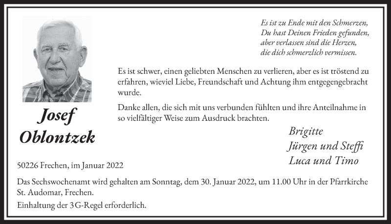  Traueranzeige für Josef Oblontzek vom 21.01.2022 aus  Wochenende 