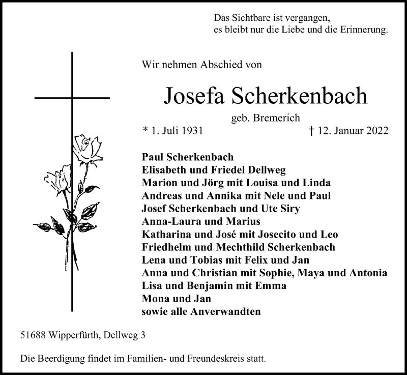  Traueranzeige für Josefa Scherkenbach vom 15.01.2022 aus Kölner Stadt-Anzeiger / Kölnische Rundschau / Express