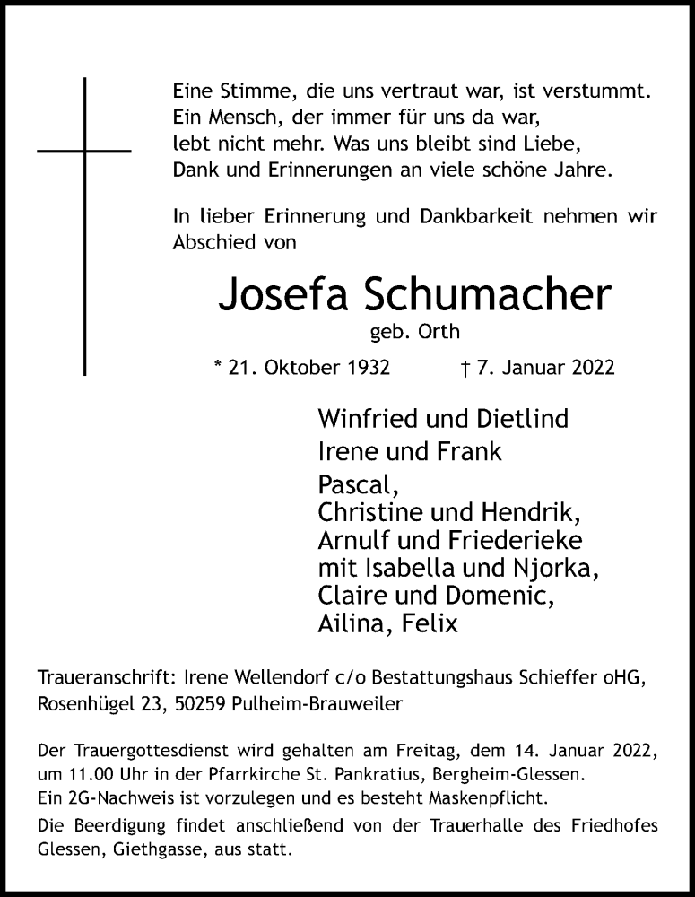  Traueranzeige für Josefa Schumacher vom 12.01.2022 aus Kölner Stadt-Anzeiger / Kölnische Rundschau / Express