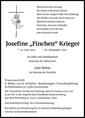 Anzeige von Josefine  Krieger von Kölner Stadt-Anzeiger / Kölnische Rundschau / Express