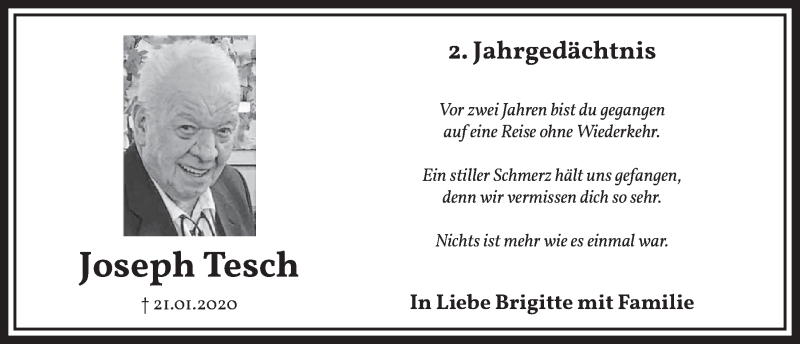  Traueranzeige für Joseph Tesch vom 21.01.2022 aus  Wochenende 