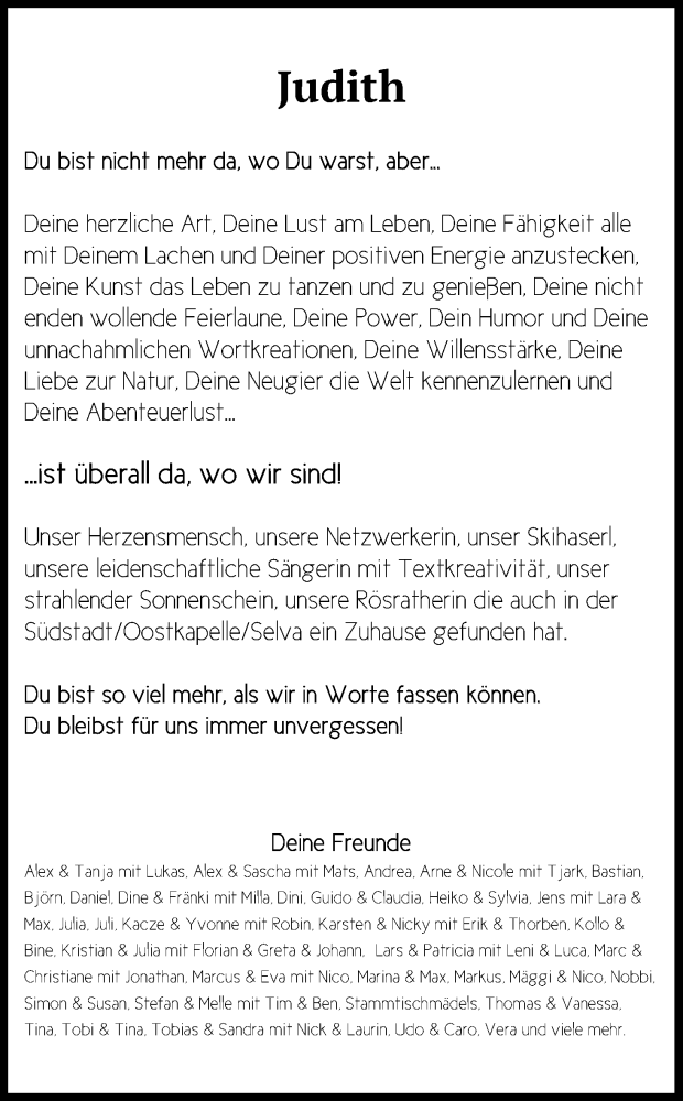  Traueranzeige für Judith  vom 15.01.2022 aus Kölner Stadt-Anzeiger / Kölnische Rundschau / Express