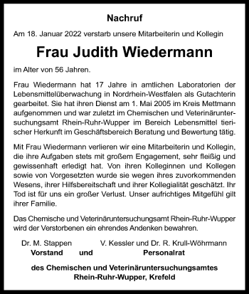 Anzeige von Judith Wiedermann von Kölner Stadt-Anzeiger / Kölnische Rundschau / Express