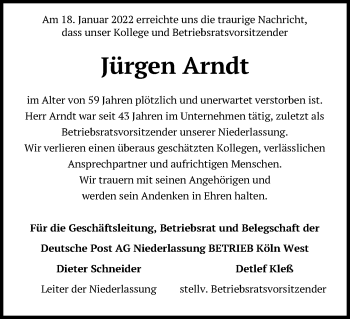Anzeige von Jürgen Arndt von Kölner Stadt-Anzeiger / Kölnische Rundschau / Express