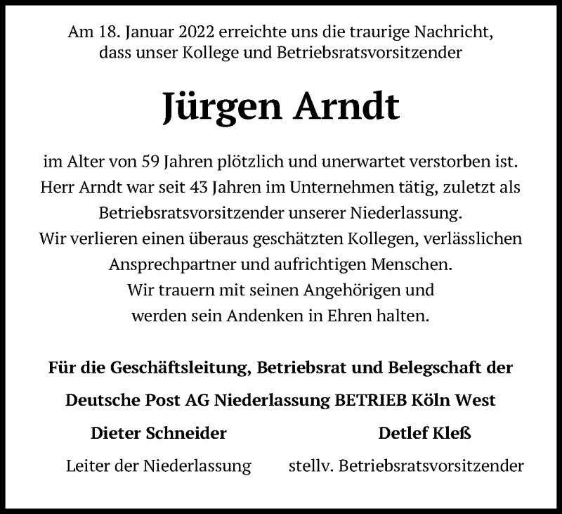  Traueranzeige für Jürgen Arndt vom 27.01.2022 aus Kölner Stadt-Anzeiger / Kölnische Rundschau / Express