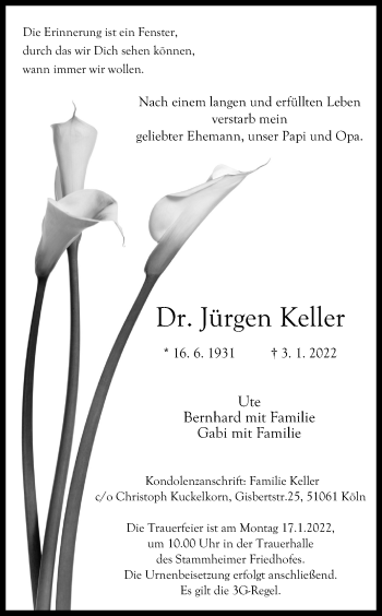 Anzeige von Jürgen Keller von Kölner Stadt-Anzeiger / Kölnische Rundschau / Express