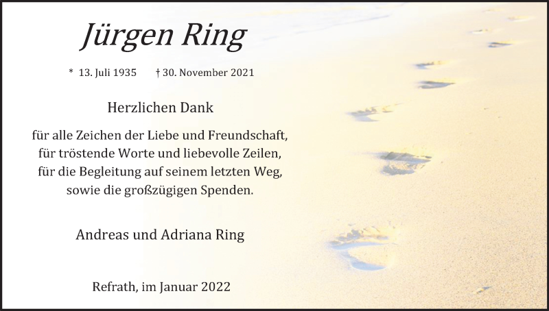  Traueranzeige für Jürgen Ring vom 15.01.2022 aus Kölner Stadt-Anzeiger / Kölnische Rundschau / Express