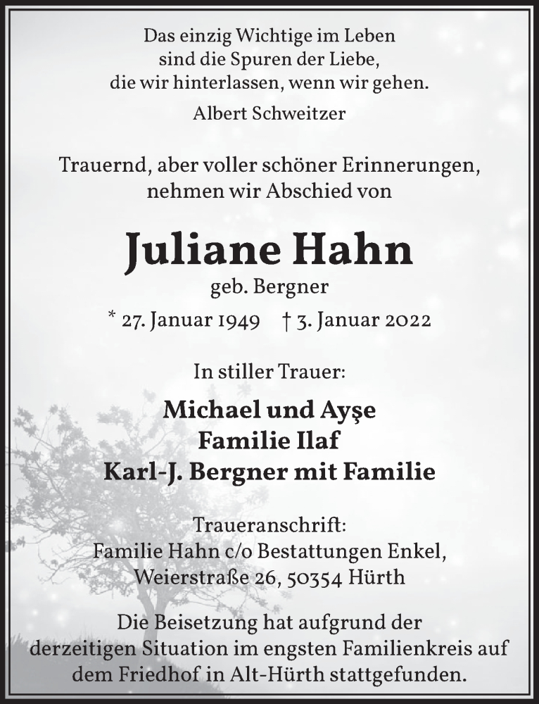  Traueranzeige für Juliane Hahn vom 14.01.2022 aus  Wochenende 