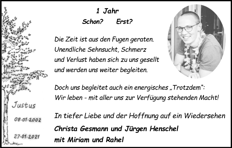  Traueranzeige für Justus Gesmann vom 29.01.2022 aus Kölner Stadt-Anzeiger / Kölnische Rundschau / Express