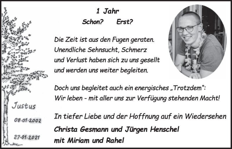  Traueranzeige für Justus Gesmann vom 28.01.2022 aus  Werbepost 