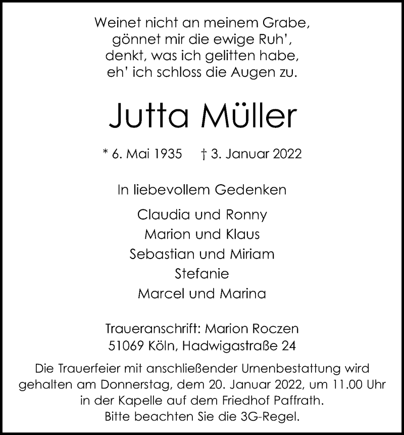  Traueranzeige für Jutta Müller vom 15.01.2022 aus Kölner Stadt-Anzeiger / Kölnische Rundschau / Express