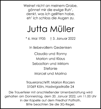 Anzeige von Jutta Müller von Kölner Stadt-Anzeiger / Kölnische Rundschau / Express