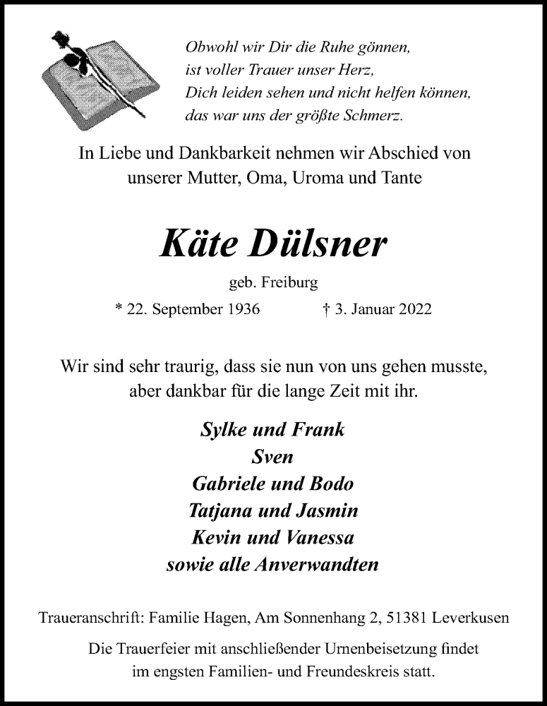  Traueranzeige für Käte Dülsner vom 15.01.2022 aus Kölner Stadt-Anzeiger / Kölnische Rundschau / Express