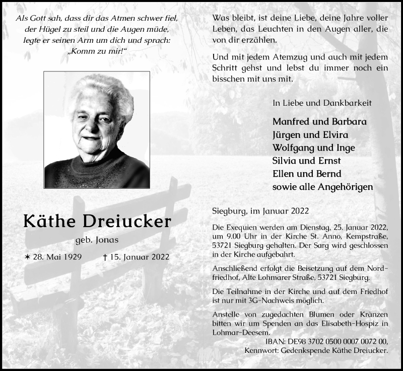  Traueranzeige für Käthe Dreiucker vom 19.01.2022 aus Kölner Stadt-Anzeiger / Kölnische Rundschau / Express