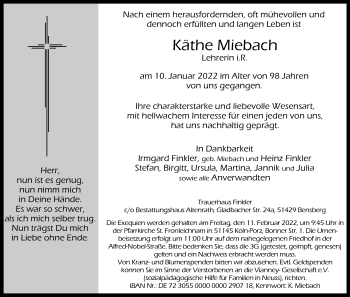 Anzeige von Käthe Miebach von Kölner Stadt-Anzeiger / Kölnische Rundschau / Express