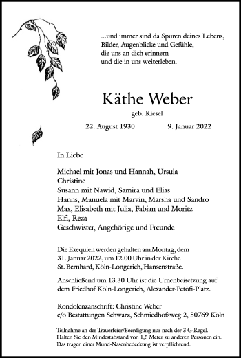 Anzeige von Käthe Weber von Kölner Stadt-Anzeiger / Kölnische Rundschau / Express
