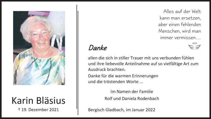  Traueranzeige für Karin Bläsius vom 29.01.2022 aus Kölner Stadt-Anzeiger / Kölnische Rundschau / Express