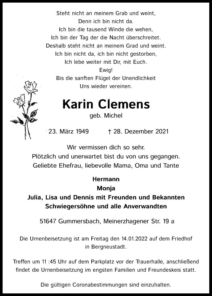  Traueranzeige für Karin Clemens vom 12.01.2022 aus Kölner Stadt-Anzeiger / Kölnische Rundschau / Express