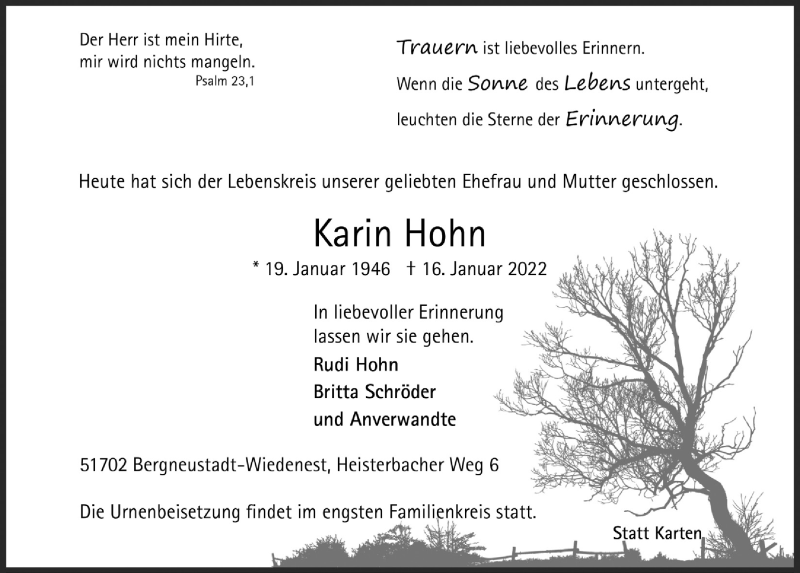  Traueranzeige für Karin Hohn vom 21.01.2022 aus  Anzeigen Echo 