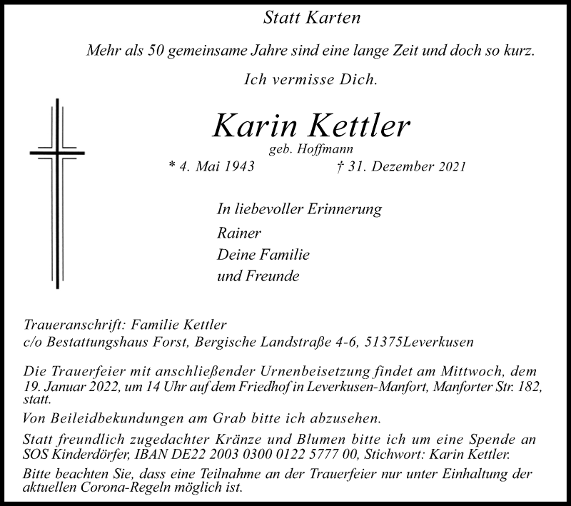  Traueranzeige für Karin Kettler vom 12.01.2022 aus Kölner Stadt-Anzeiger / Kölnische Rundschau / Express