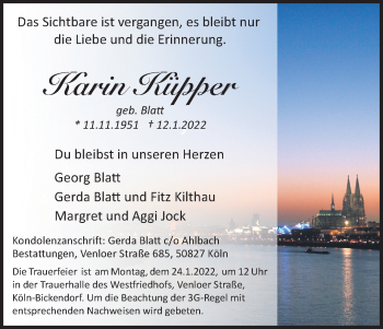 Anzeige von Karin Küpper von Kölner Stadt-Anzeiger / Kölnische Rundschau / Express
