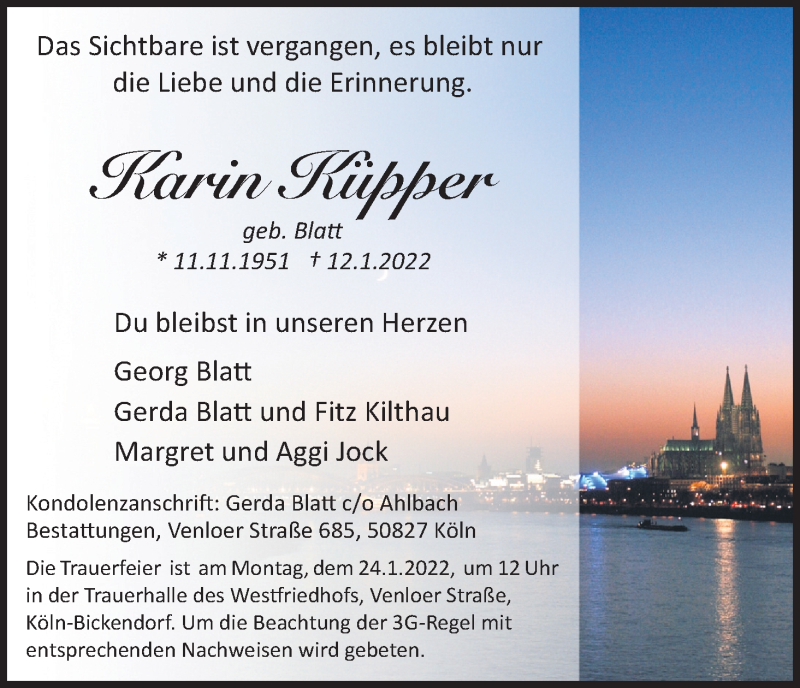  Traueranzeige für Karin Küpper vom 15.01.2022 aus Kölner Stadt-Anzeiger / Kölnische Rundschau / Express