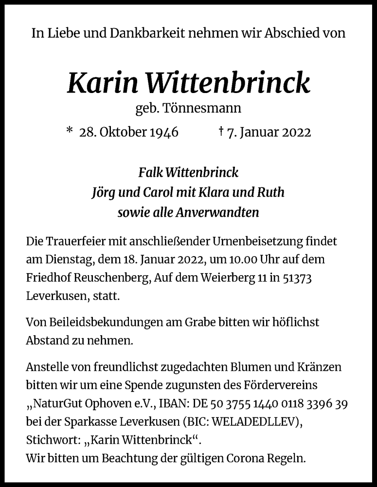  Traueranzeige für Karin Wittenbrinck vom 12.01.2022 aus Kölner Stadt-Anzeiger / Kölnische Rundschau / Express