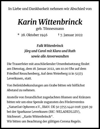 Anzeige von Karin Wittenbrinck von Kölner Stadt-Anzeiger / Kölnische Rundschau / Express