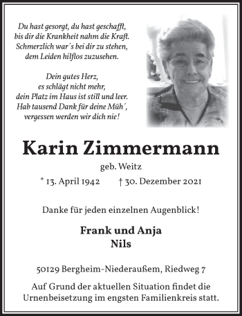 Anzeige von Karin Zimmermann von  Werbepost 