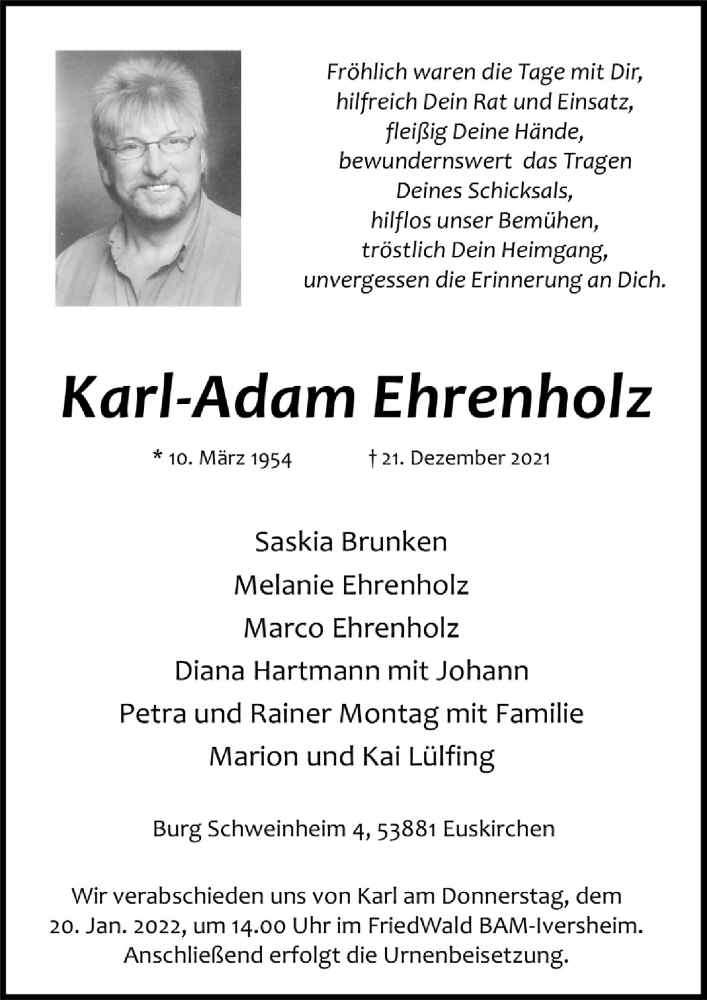  Traueranzeige für Karl-Adam Ehrenholz vom 14.01.2022 aus  Schaufenster/Blickpunkt 