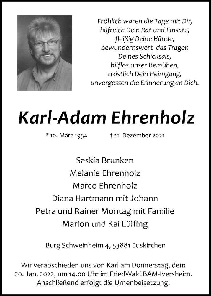  Traueranzeige für Karl-Adam Ehrenholz vom 15.01.2022 aus Kölner Stadt-Anzeiger / Kölnische Rundschau / Express