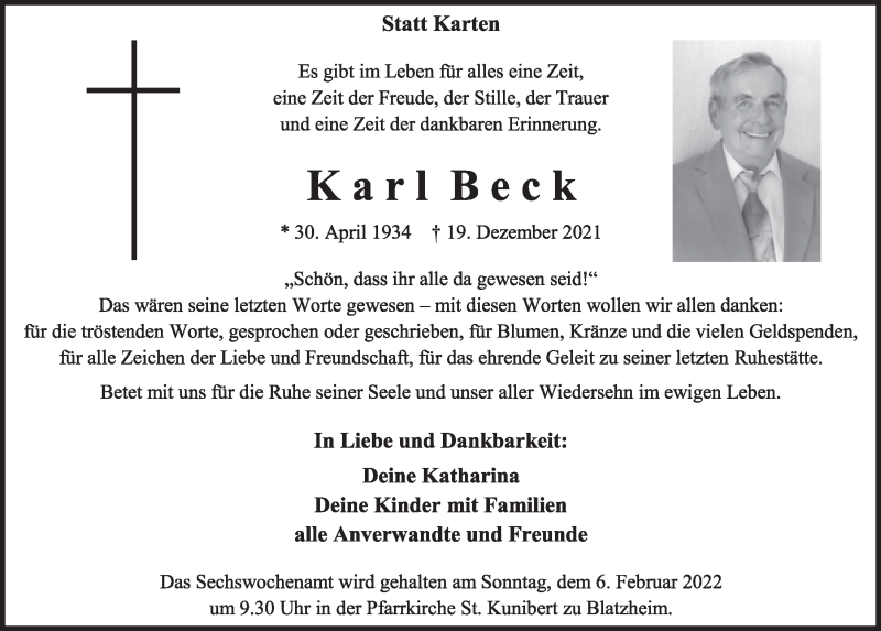  Traueranzeige für Karl Beck vom 28.01.2022 aus  Werbepost 