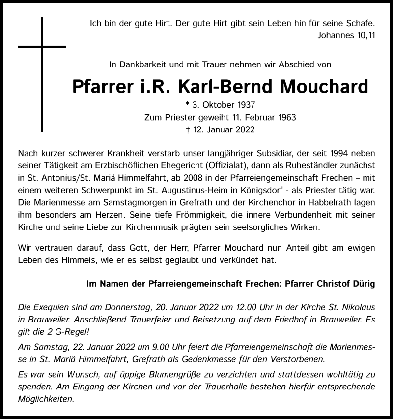  Traueranzeige für Karl-Bernd Mouchard vom 19.01.2022 aus Kölner Stadt-Anzeiger / Kölnische Rundschau / Express