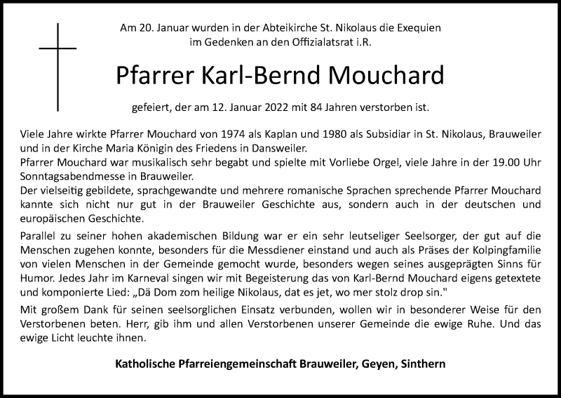  Traueranzeige für Karl-Bernd Mouchard vom 29.01.2022 aus Kölner Stadt-Anzeiger / Kölnische Rundschau / Express