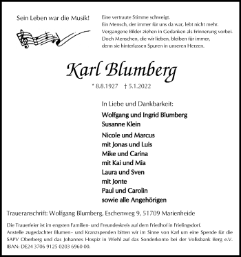 Anzeige von Karl Blumberg von Kölner Stadt-Anzeiger / Kölnische Rundschau / Express