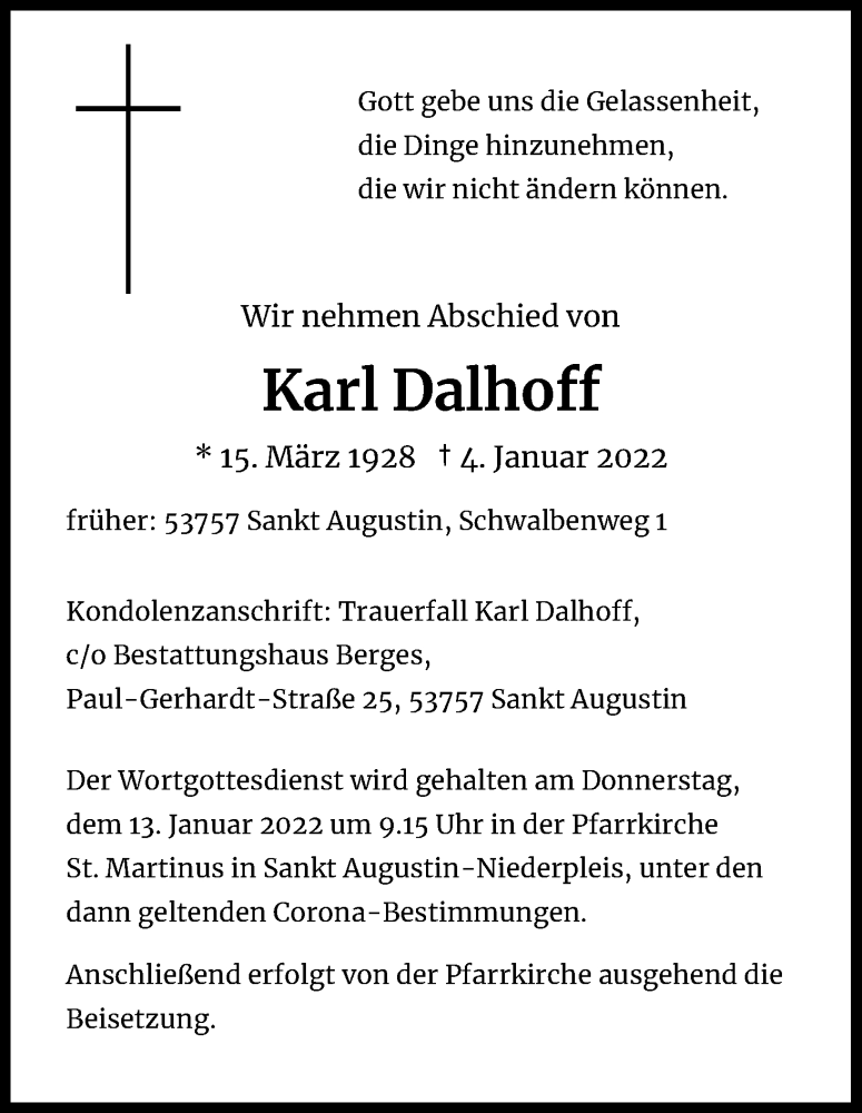  Traueranzeige für Karl Dalhoff vom 08.01.2022 aus Kölner Stadt-Anzeiger / Kölnische Rundschau / Express