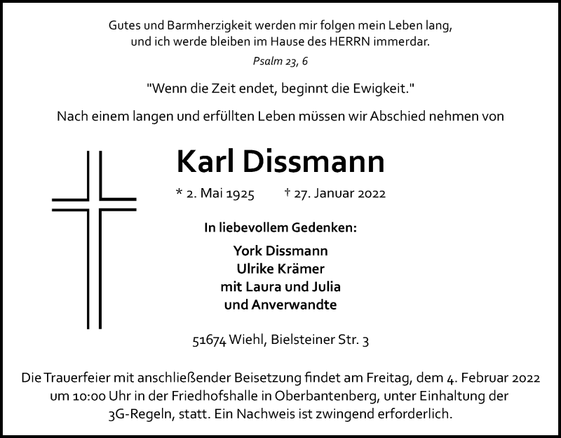  Traueranzeige für Karl Dissmann vom 01.02.2022 aus Kölner Stadt-Anzeiger / Kölnische Rundschau / Express