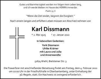 Anzeige von Karl Dissmann von Kölner Stadt-Anzeiger / Kölnische Rundschau / Express