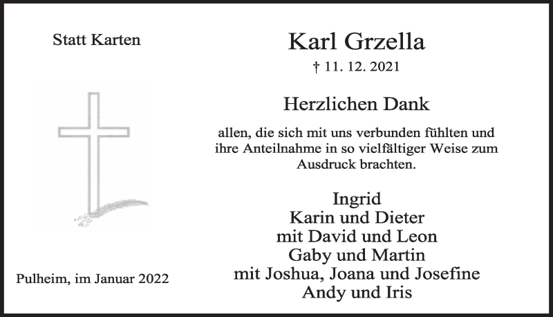 Traueranzeige für Karl Grzella vom 07.01.2022 aus  Wochenende 