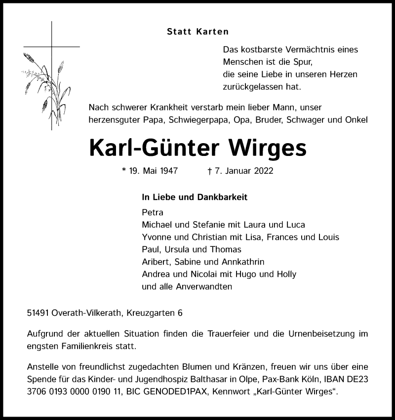  Traueranzeige für Karl-Günter Wirges vom 15.01.2022 aus Kölner Stadt-Anzeiger / Kölnische Rundschau / Express