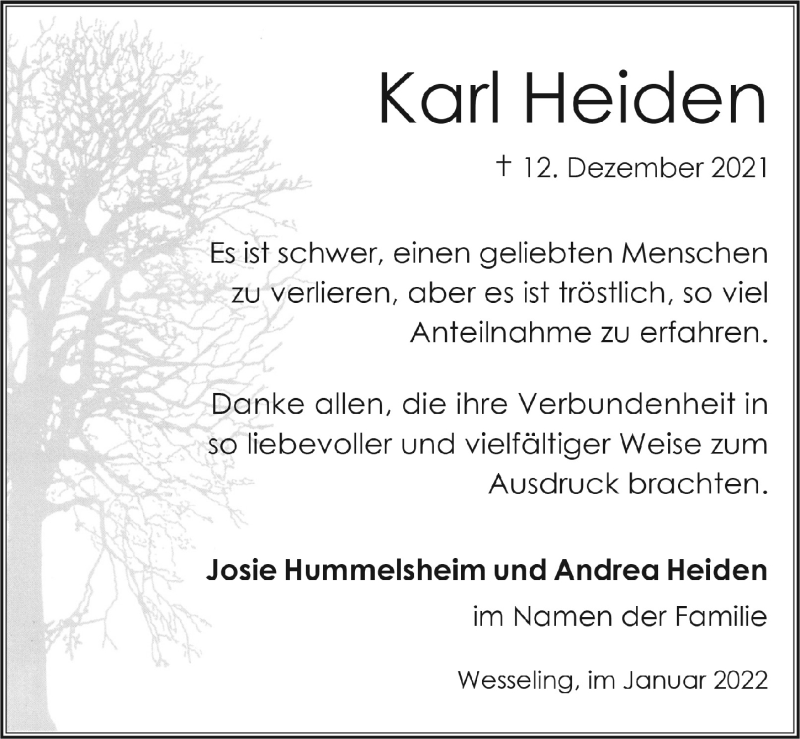  Traueranzeige für Karl Heiden vom 14.01.2022 aus  Schlossbote/Werbekurier 