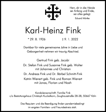 Anzeige von Karl-Heinz Fink von Kölner Stadt-Anzeiger / Kölnische Rundschau / Express