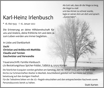 Anzeige von Karl-Heinz Irlenbusch von Kölner Stadt-Anzeiger / Kölnische Rundschau / Express
