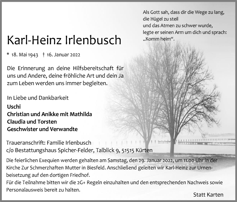  Traueranzeige für Karl-Heinz Irlenbusch vom 22.01.2022 aus Kölner Stadt-Anzeiger / Kölnische Rundschau / Express