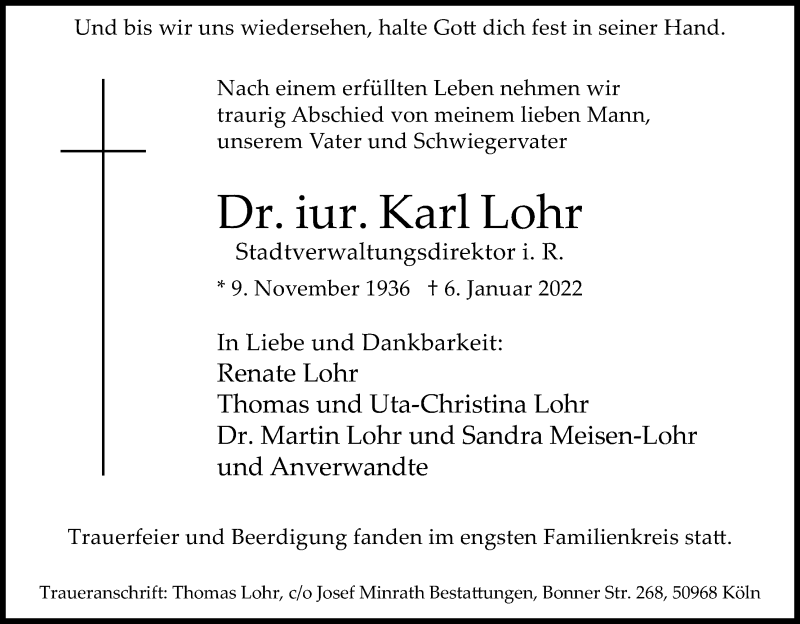  Traueranzeige für Karl Lohr vom 22.01.2022 aus Kölner Stadt-Anzeiger / Kölnische Rundschau / Express