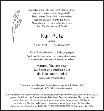 Anzeige von Karl Pütz von Kölner Stadt-Anzeiger / Kölnische Rundschau / Express