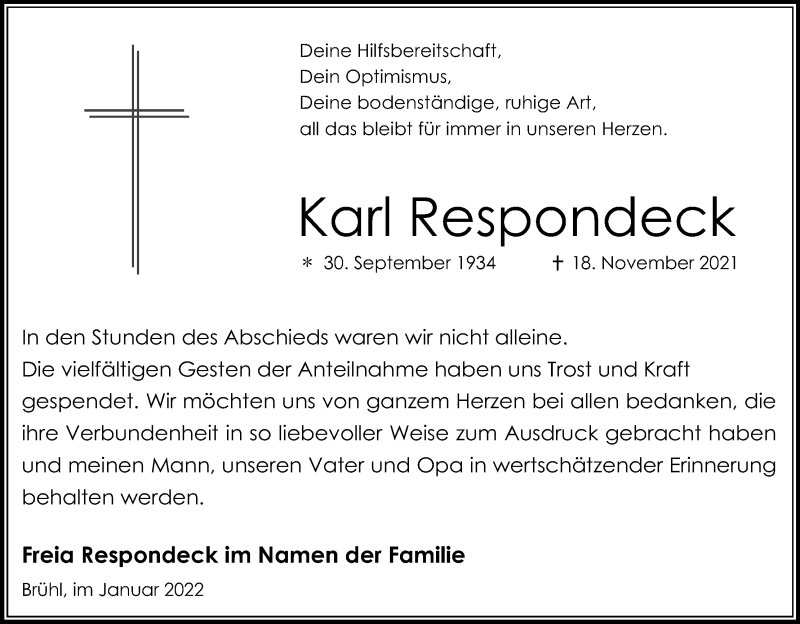  Traueranzeige für Karl Respondeck vom 08.01.2022 aus Kölner Stadt-Anzeiger / Kölnische Rundschau / Express