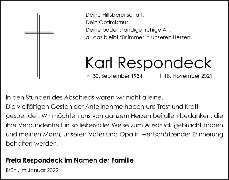  Traueranzeige für Karl Respondeck vom 07.01.2022 aus  Schlossbote/Werbekurier 
