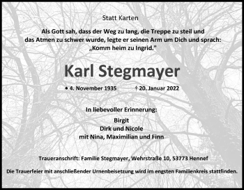 Anzeige von Karl Stegmayer von Kölner Stadt-Anzeiger / Kölnische Rundschau / Express