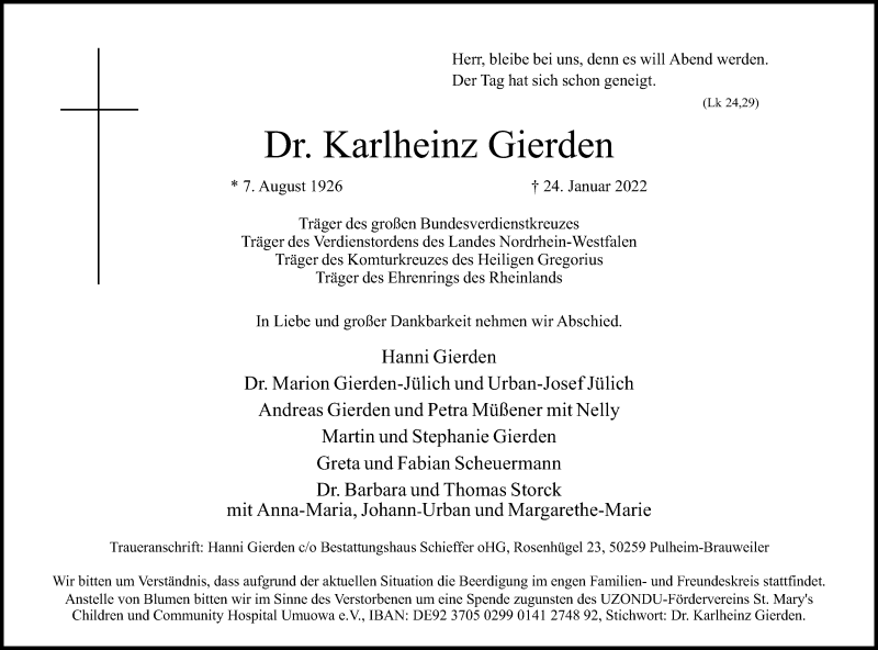  Traueranzeige für Karlheinz Gierden vom 29.01.2022 aus Kölner Stadt-Anzeiger / Kölnische Rundschau / Express